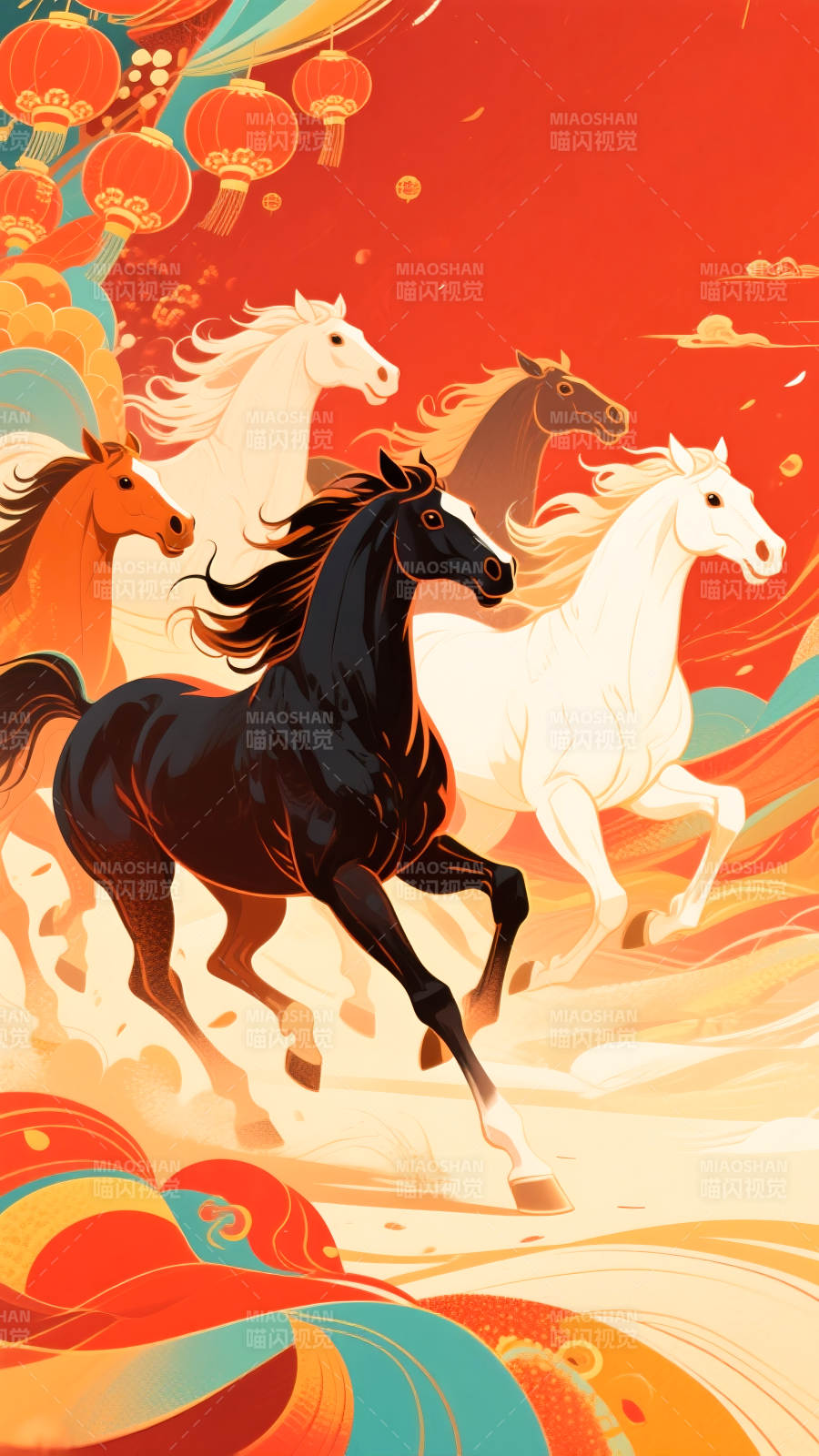 2026年马年国潮插画骏马奔腾迎新春图片