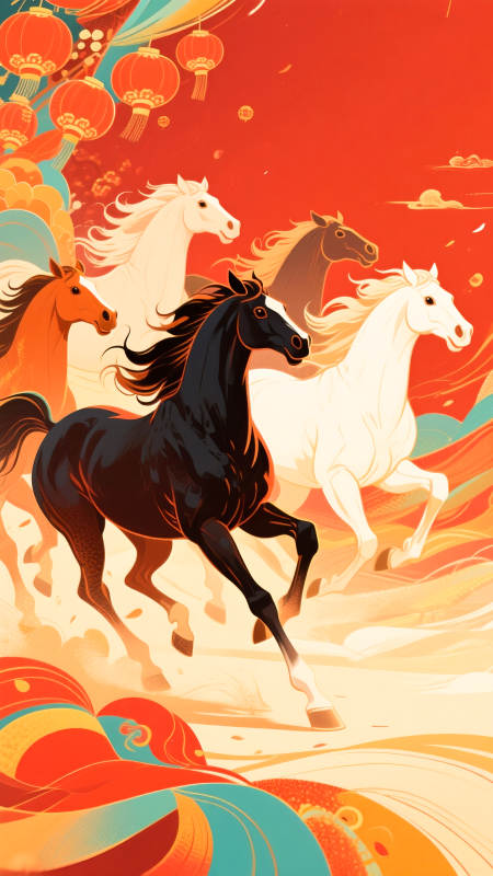 2026年马年国潮插画骏马奔腾迎新春图片