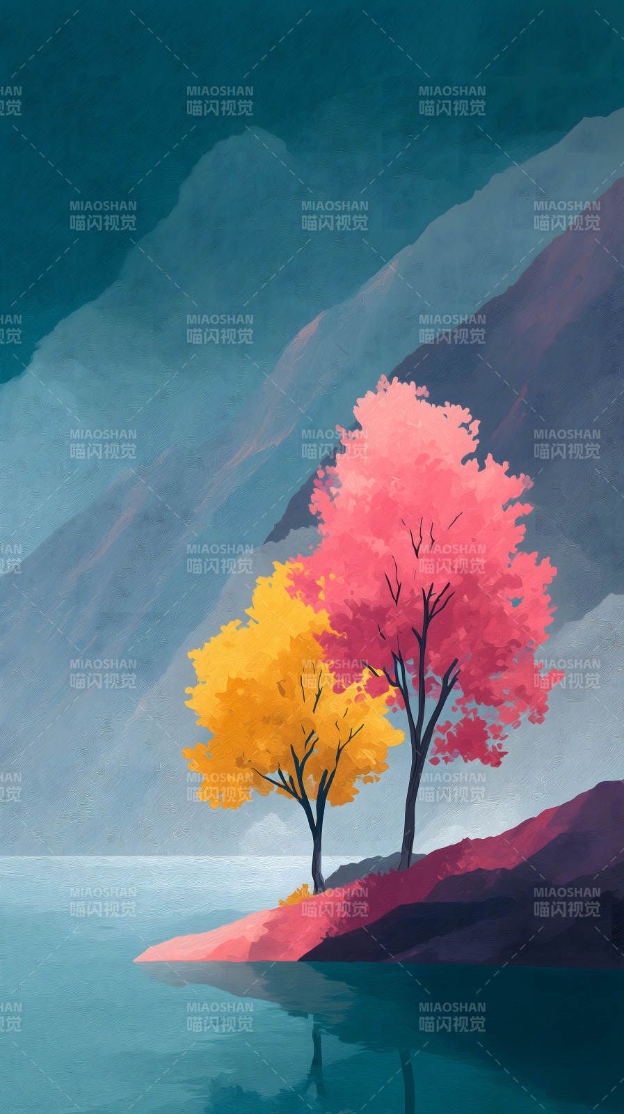 湖畔粉树风景画图片