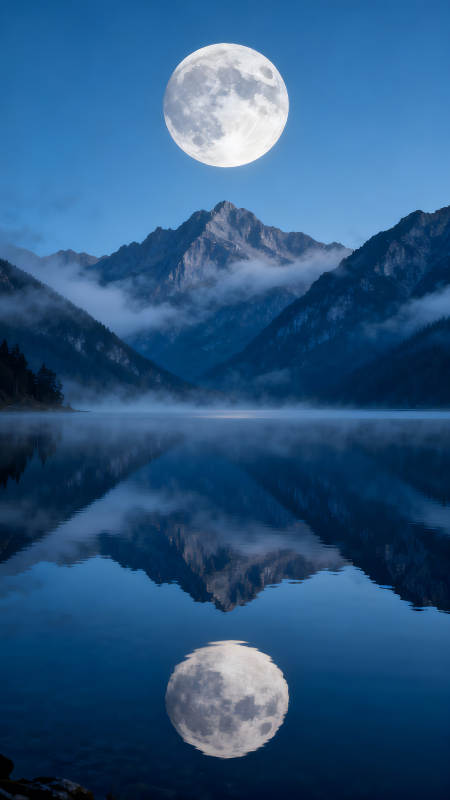 月光下的山湖美景图片