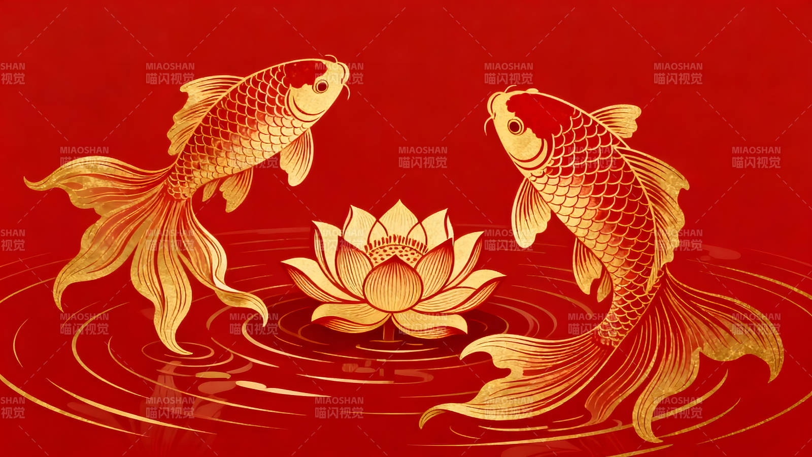 金色鲤鱼与莲花在红水中游动图片