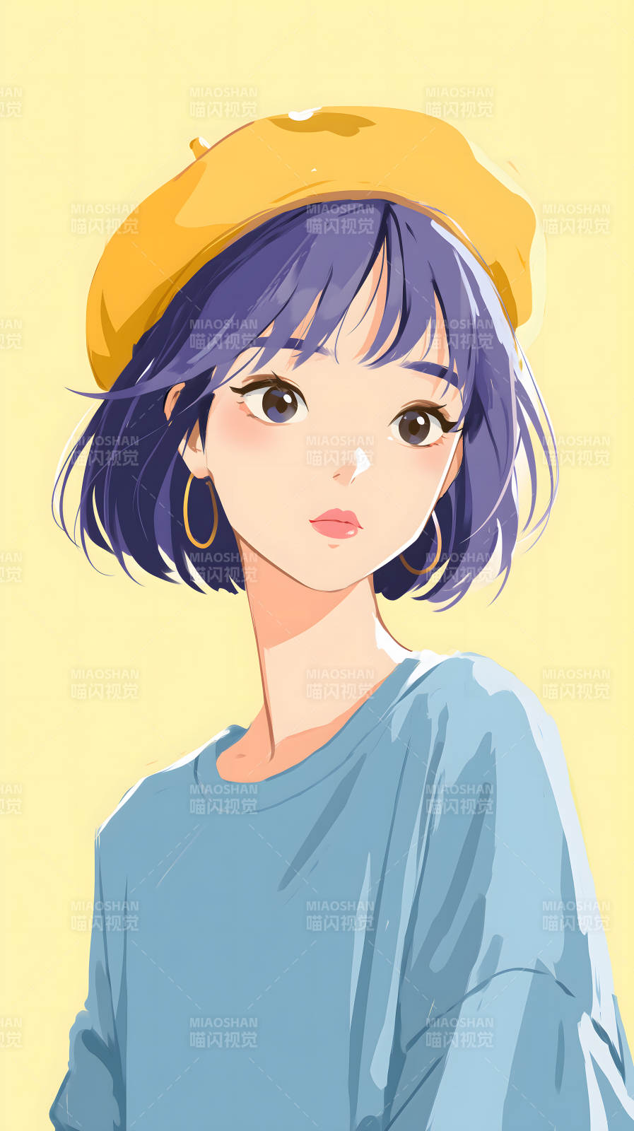 动漫女孩戴黄色贝雷帽蓝头发图片