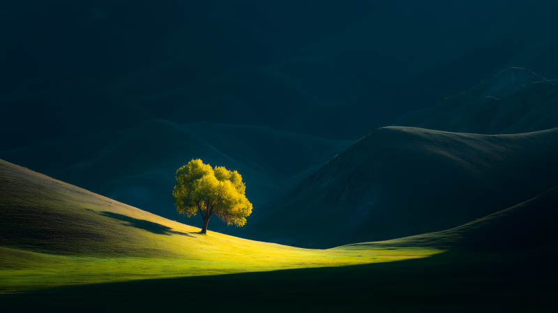 孤独的金色树与山峦图片