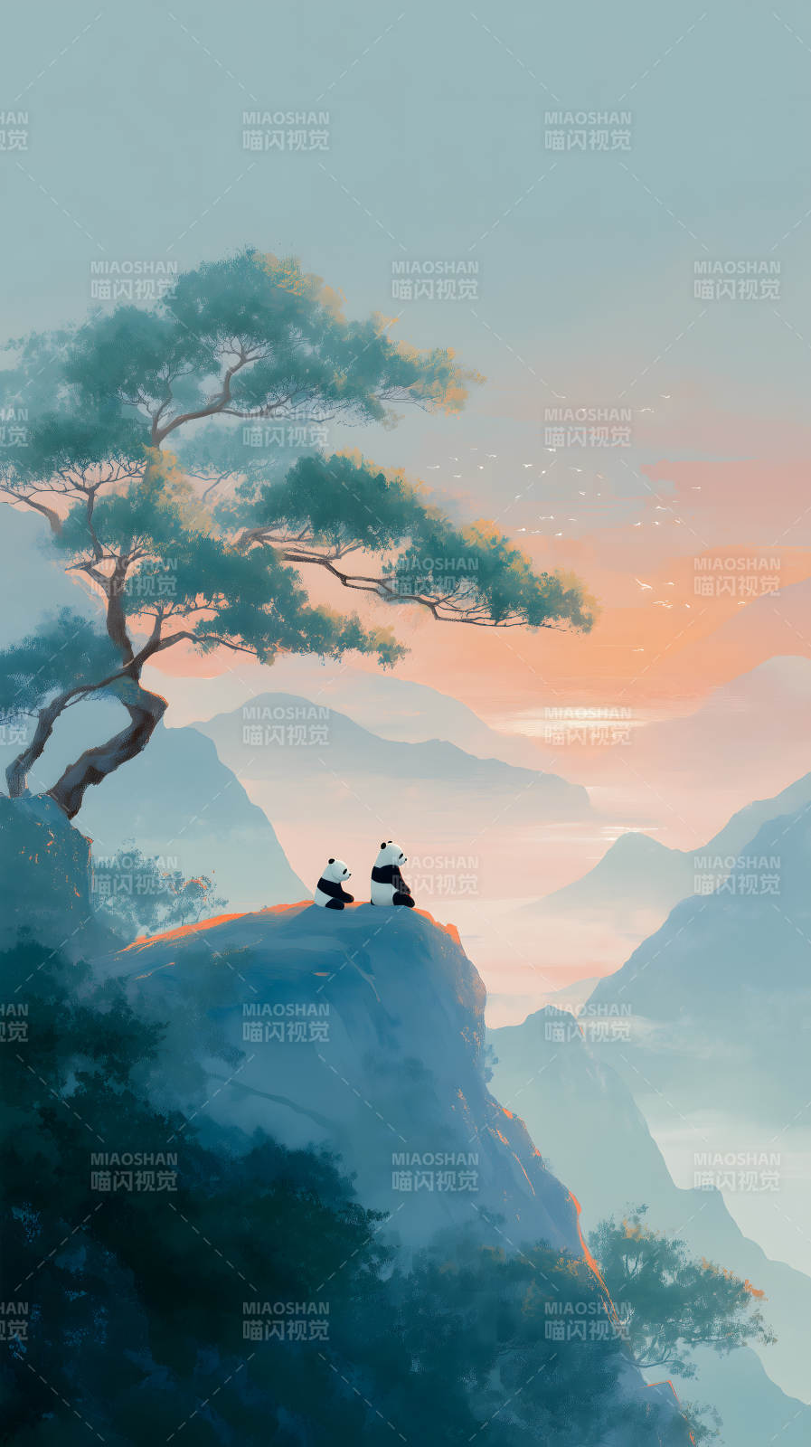 山顶日出时分两只熊猫图片