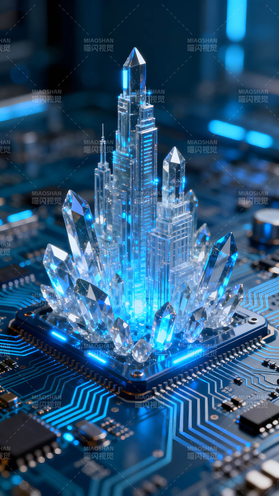 水晶城市在电路板上发光图片