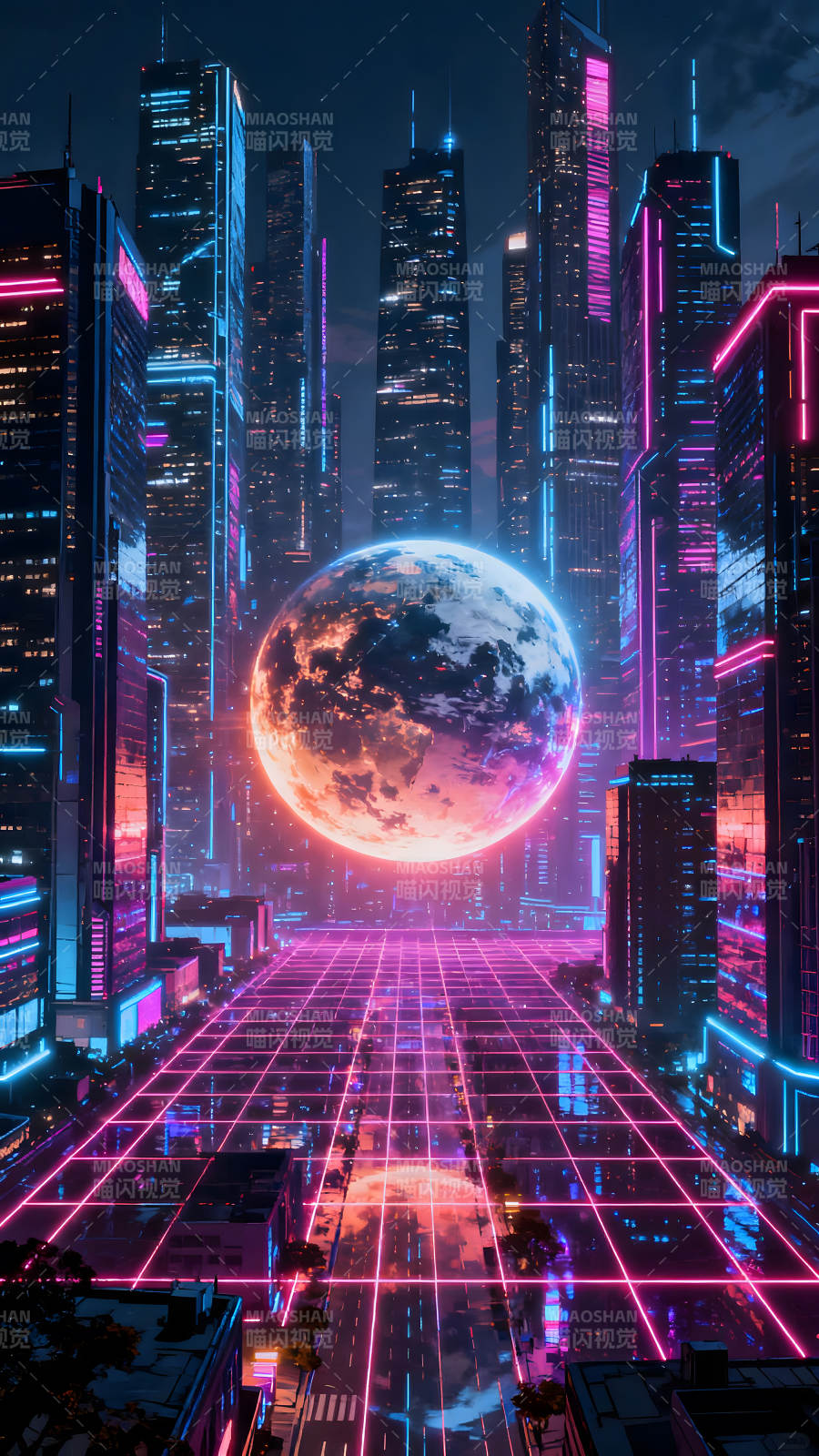 赛博朋克都市霓虹夜景巨型星球图片