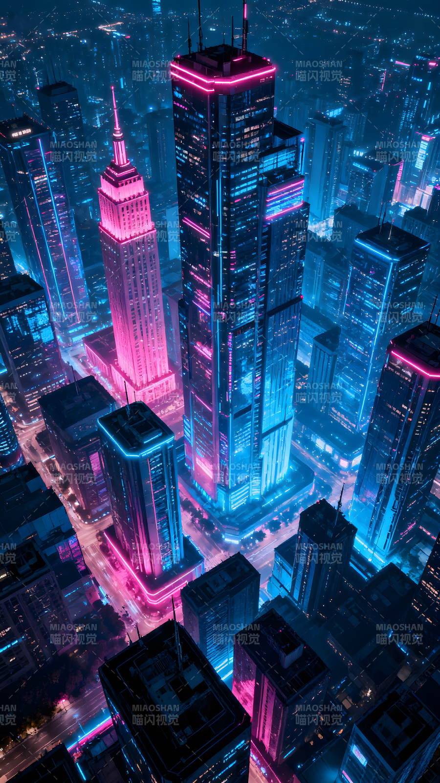 霓虹灯映照下的未来都市夜景图片