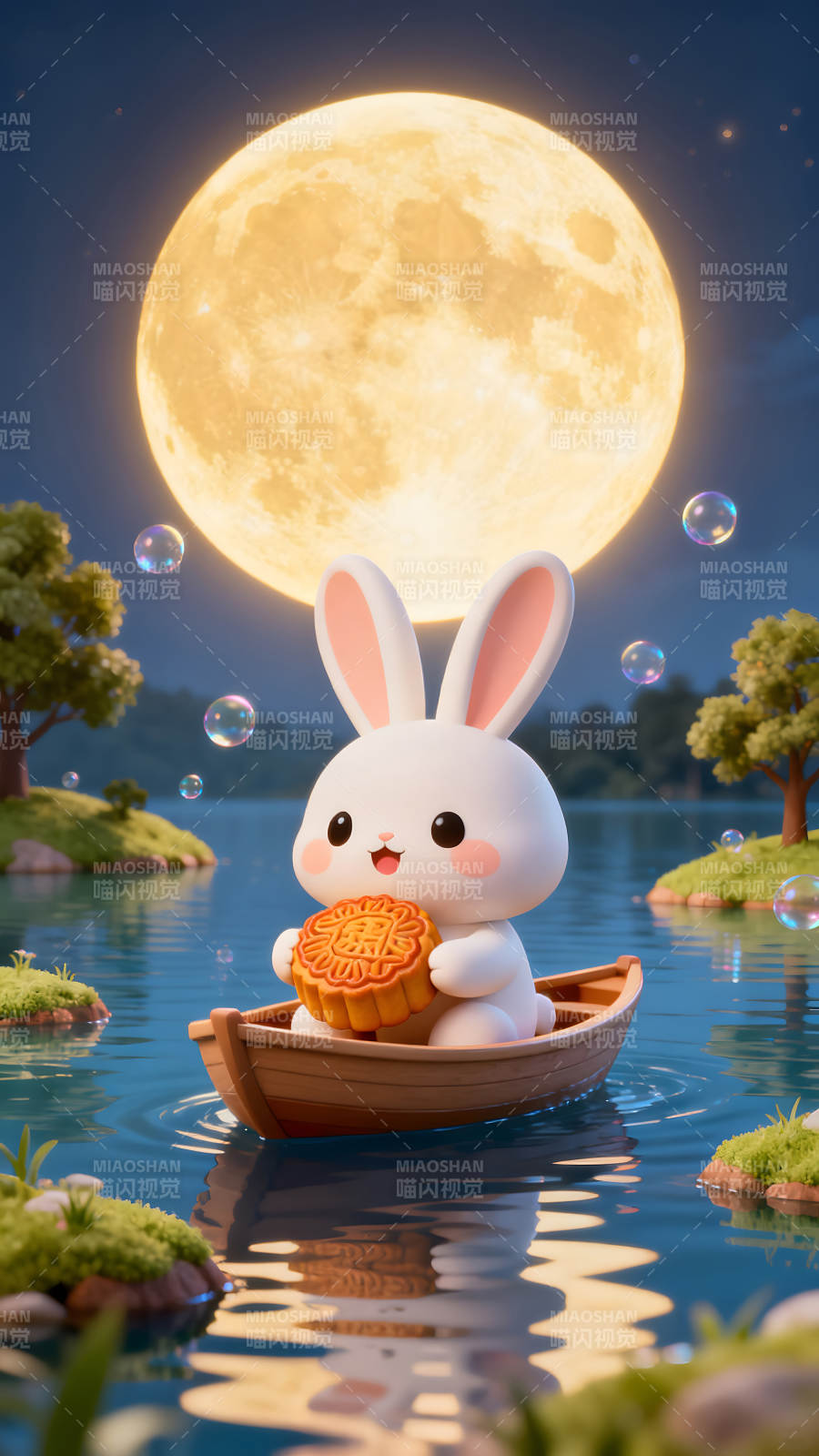 中秋节可爱兔子赏月吃月饼图片