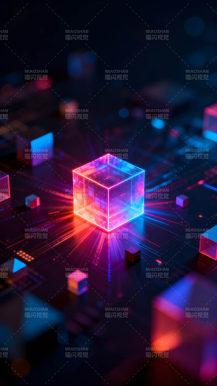 发光的立方体和电路板上的光线图片