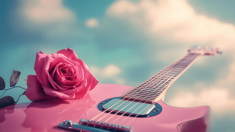 粉色吉他与玫瑰的浪漫图片