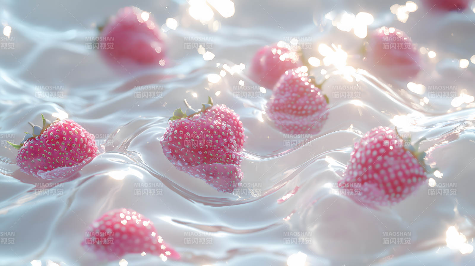 草莓在粉色水面上的梦幻图片