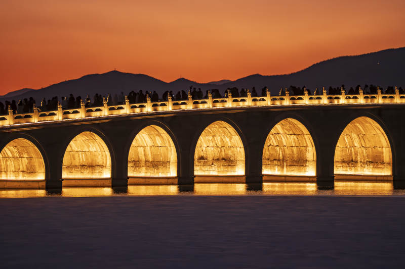 十七孔桥夜景，点亮桥洞图片