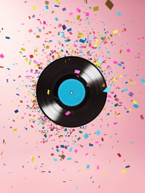 黑胶片与彩色纸屑的派对图片