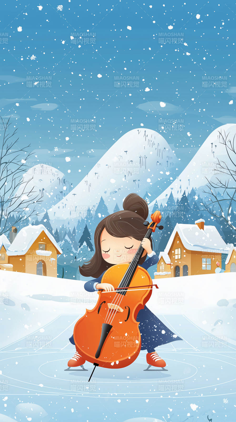 大提琴女孩冰雪图片