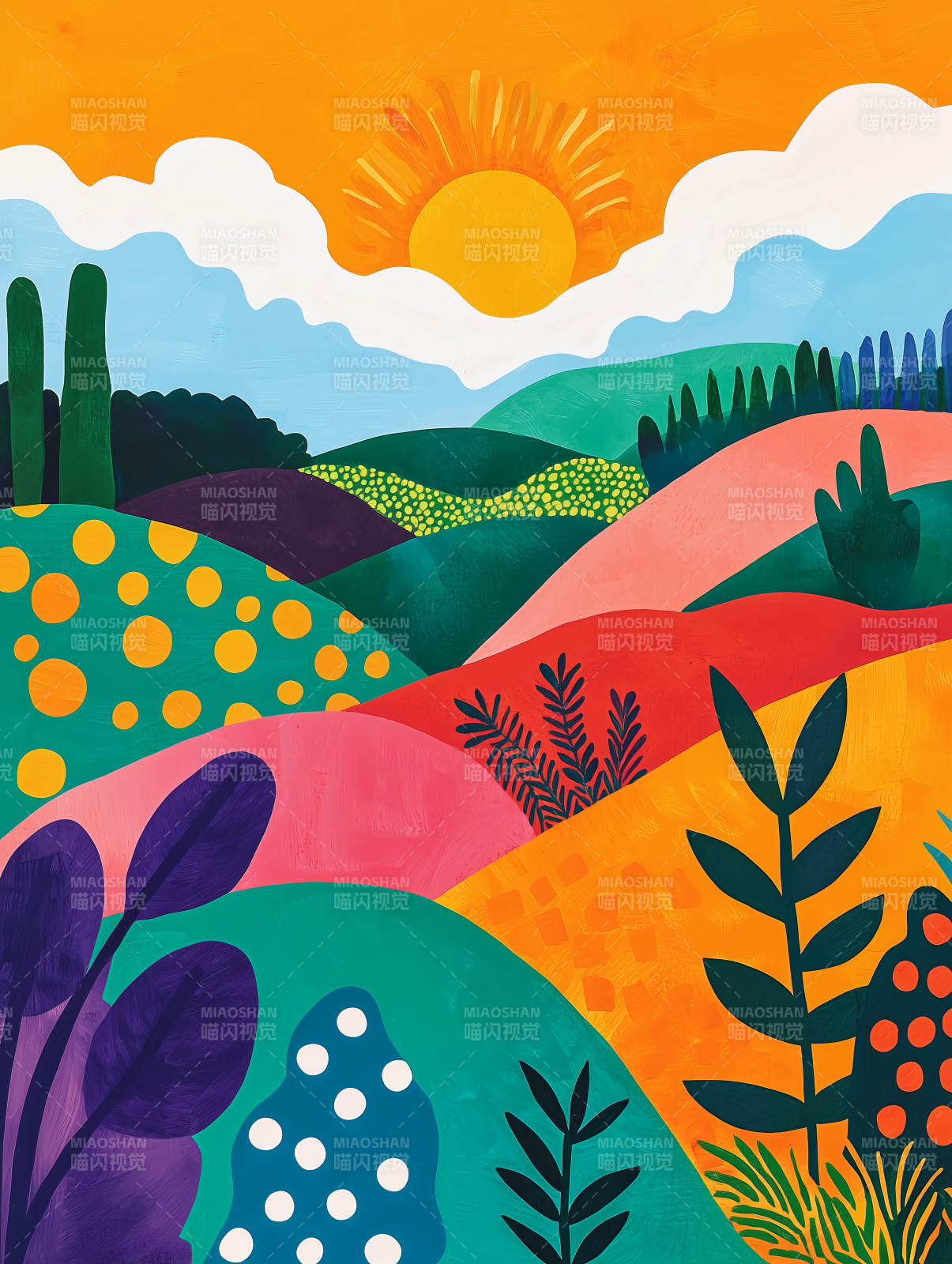 阳光下的彩色山丘图片