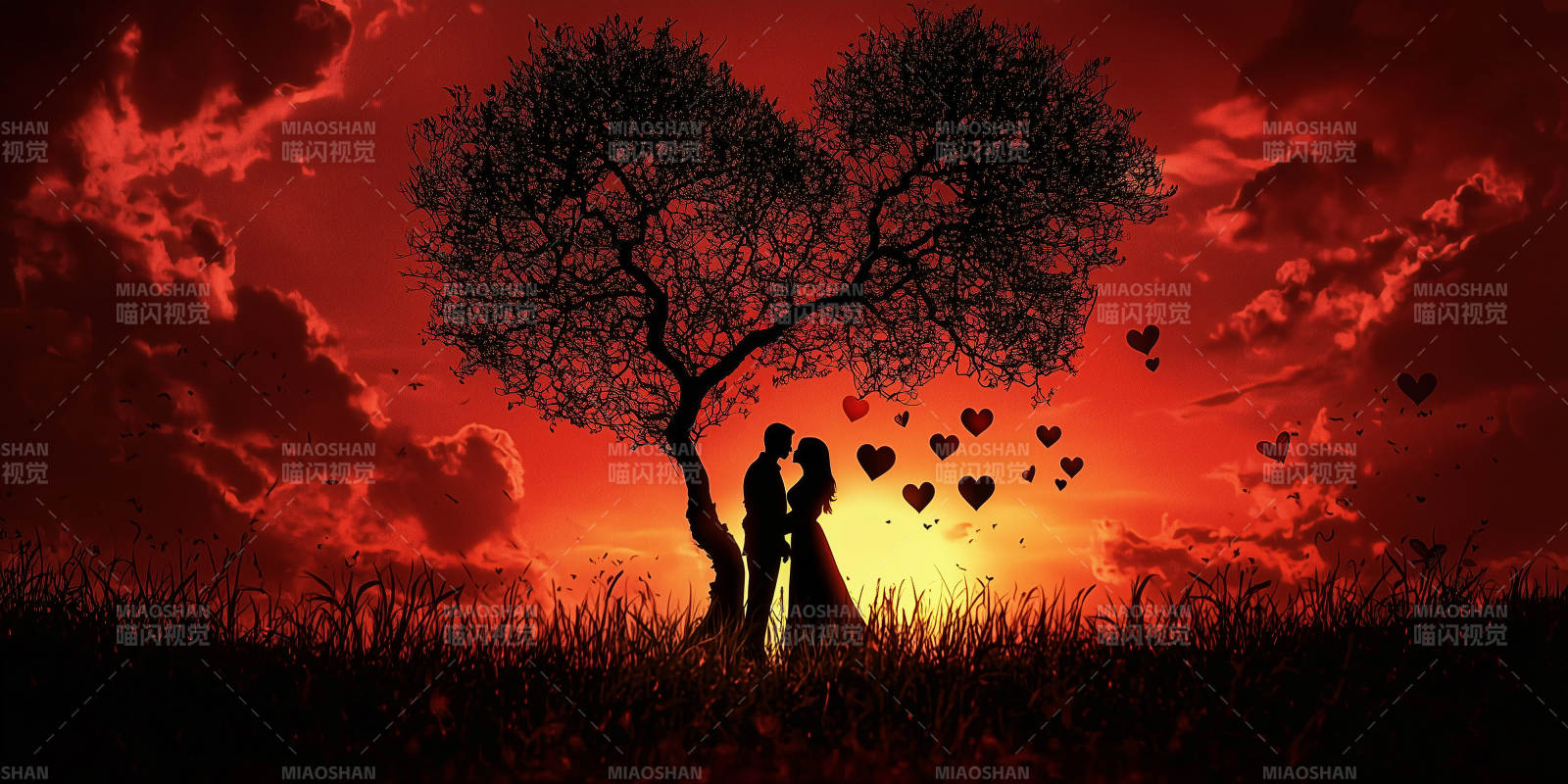 夕阳下的爱情剪影图片