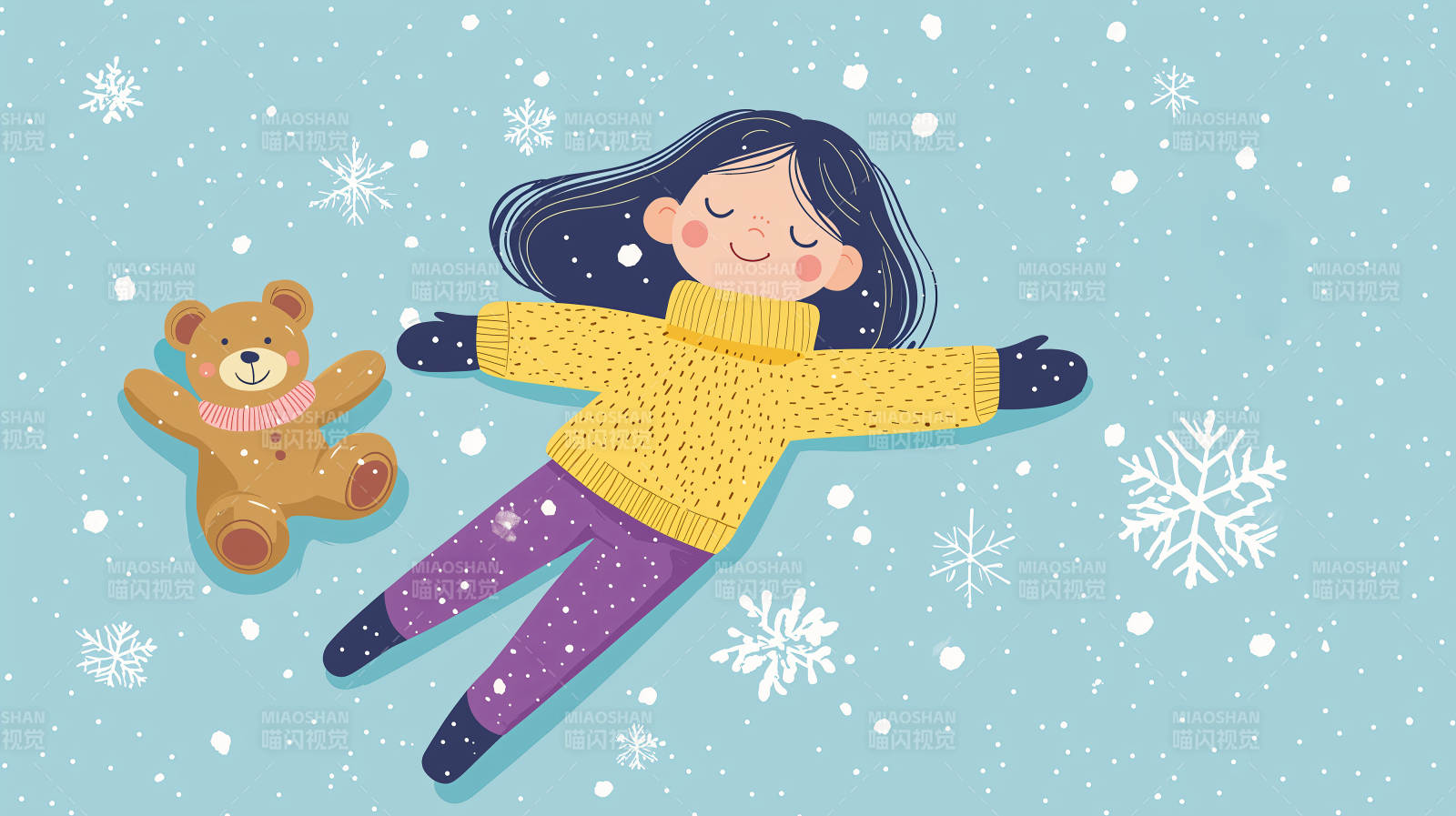 冬日天使与泰迪熊的雪地嬉戏图片