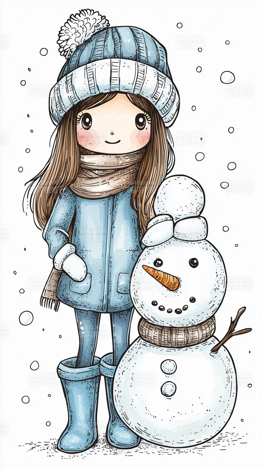 冬日女孩与雪人图片
