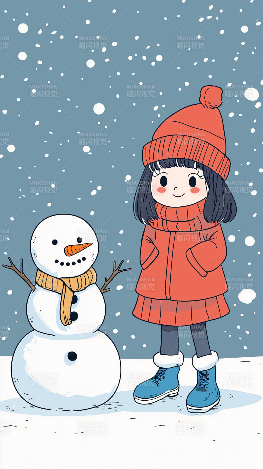 冬日女孩与雪人图片