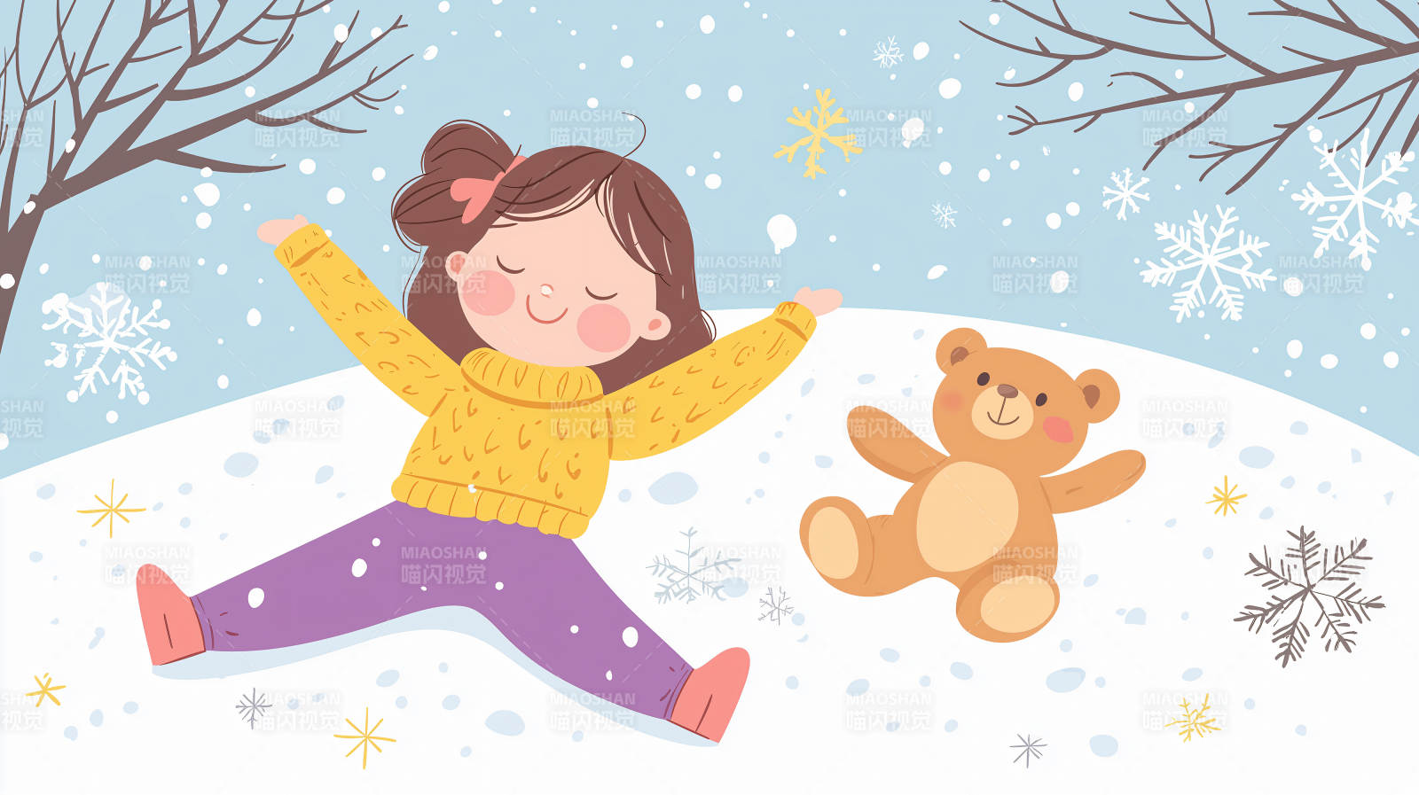 冬日天使与泰迪熊的雪地嬉戏图片