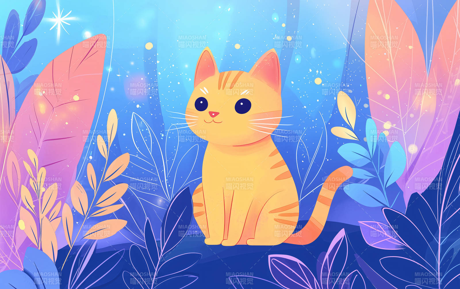 萌宠猫咪与粉色蓝紫色叶片图片