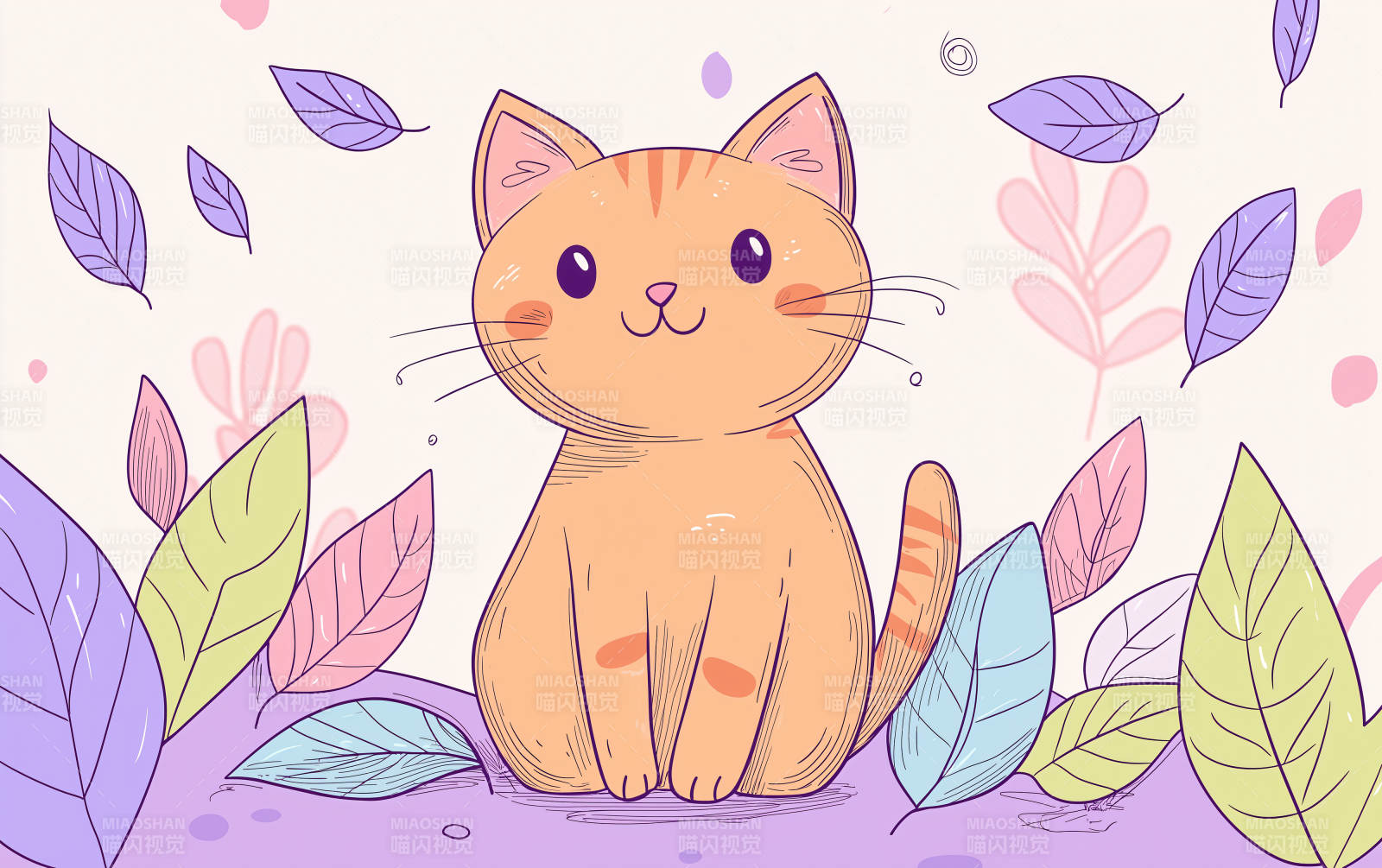 萌宠猫咪与粉色蓝紫色叶片图片