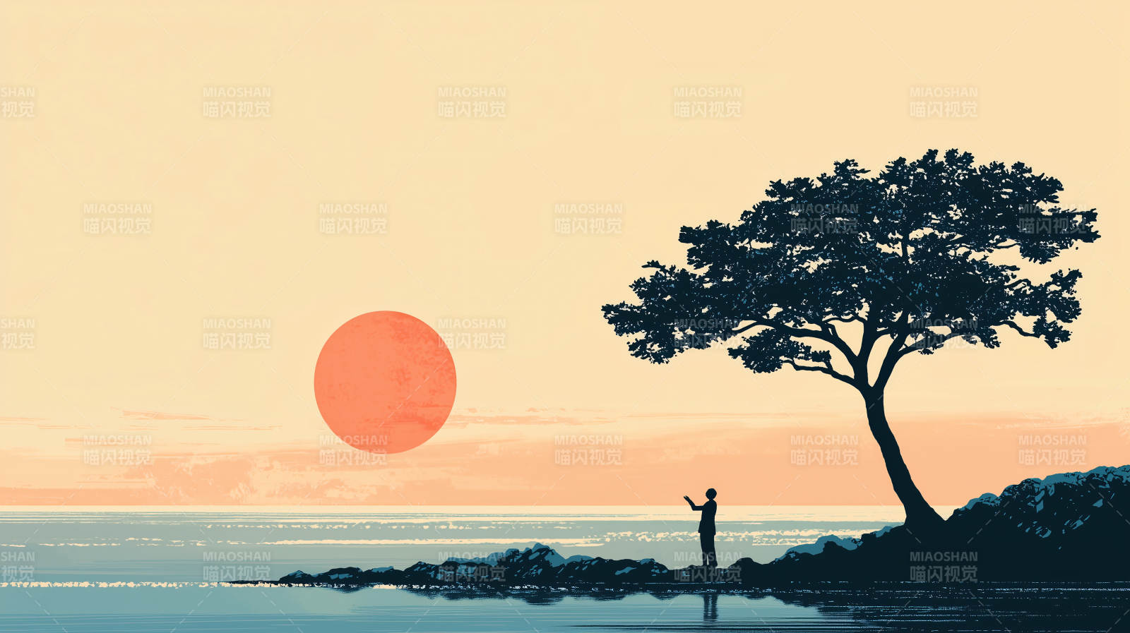 孤树夕阳剪影图片