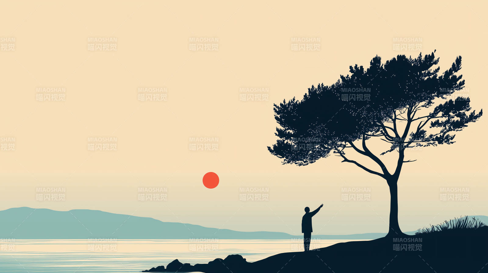 孤树夕阳剪影图片