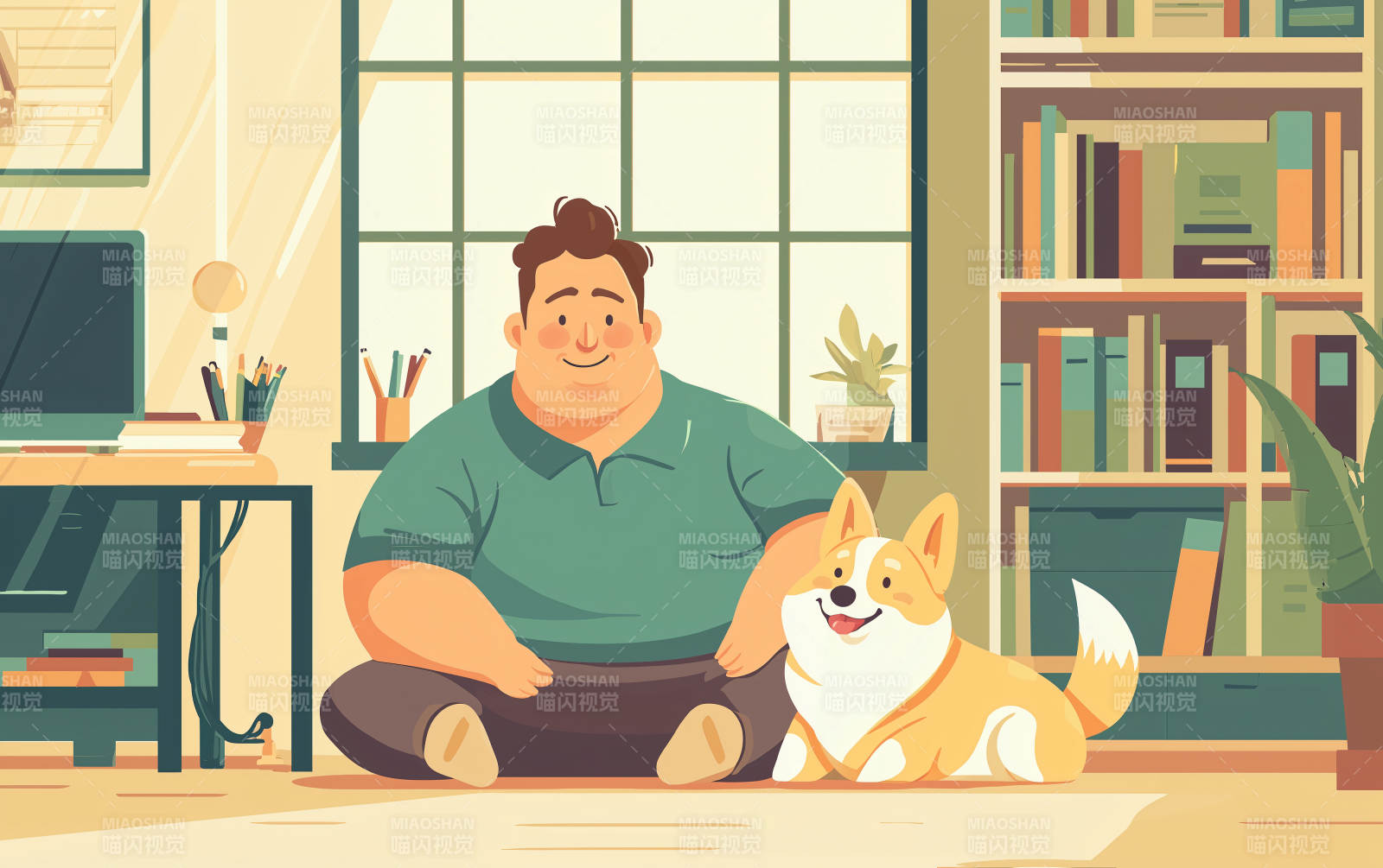 胖男人柯基犬宠物图片