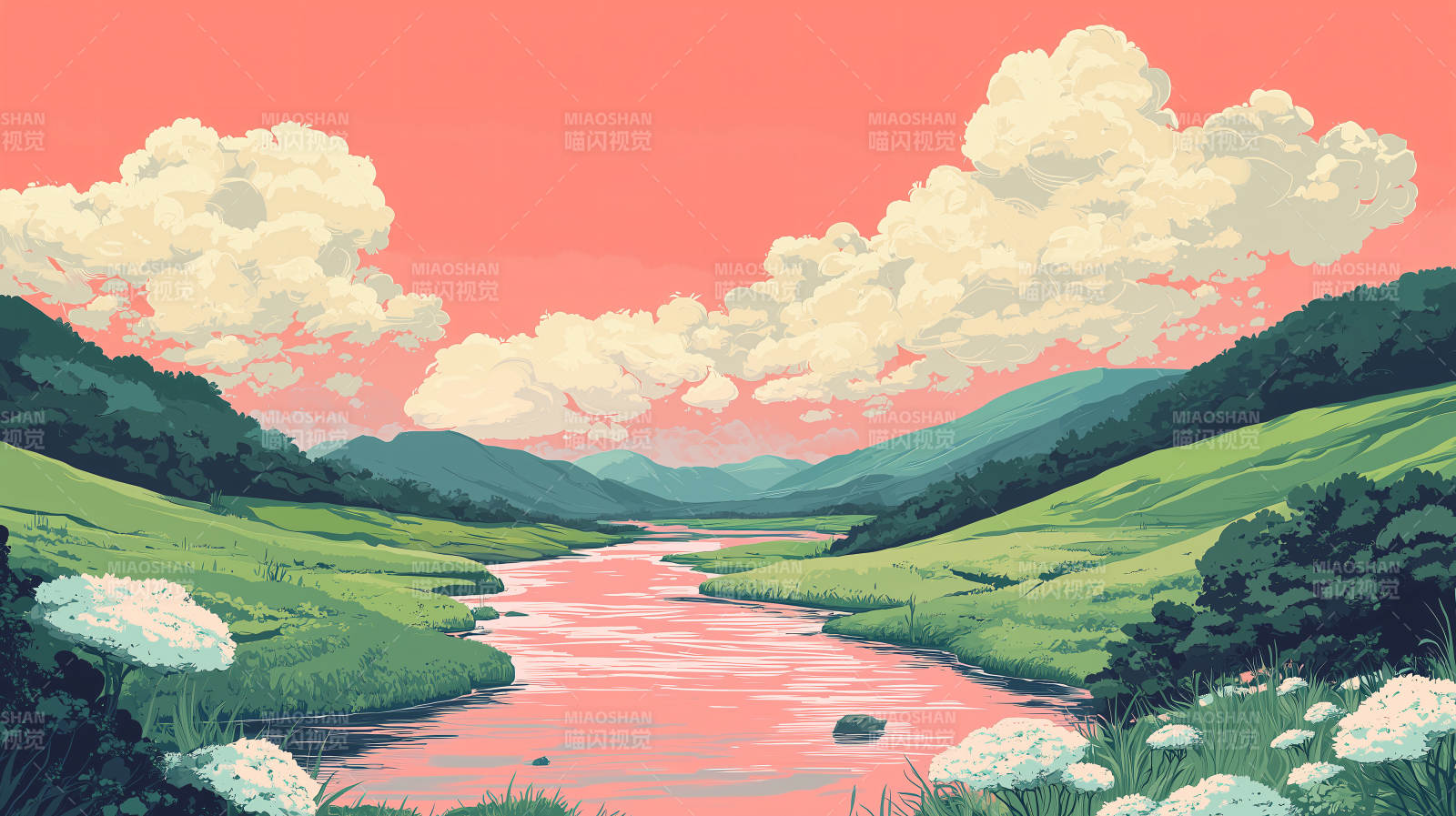 粉色暮色下的蜿蜒河流图片