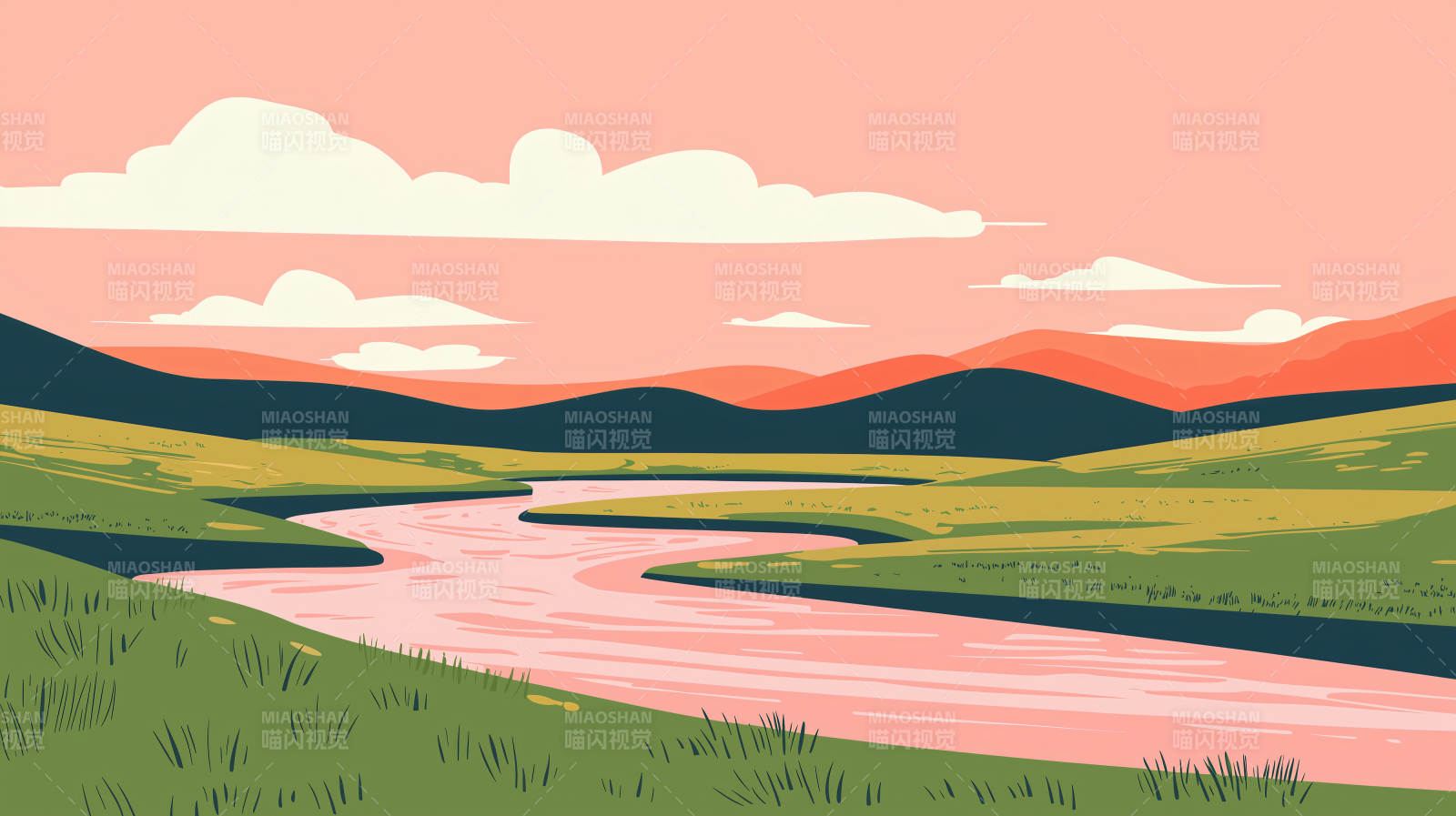 粉色暮色下的蜿蜒河流图片