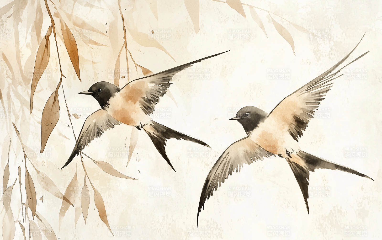水墨燕子与垂柳图片