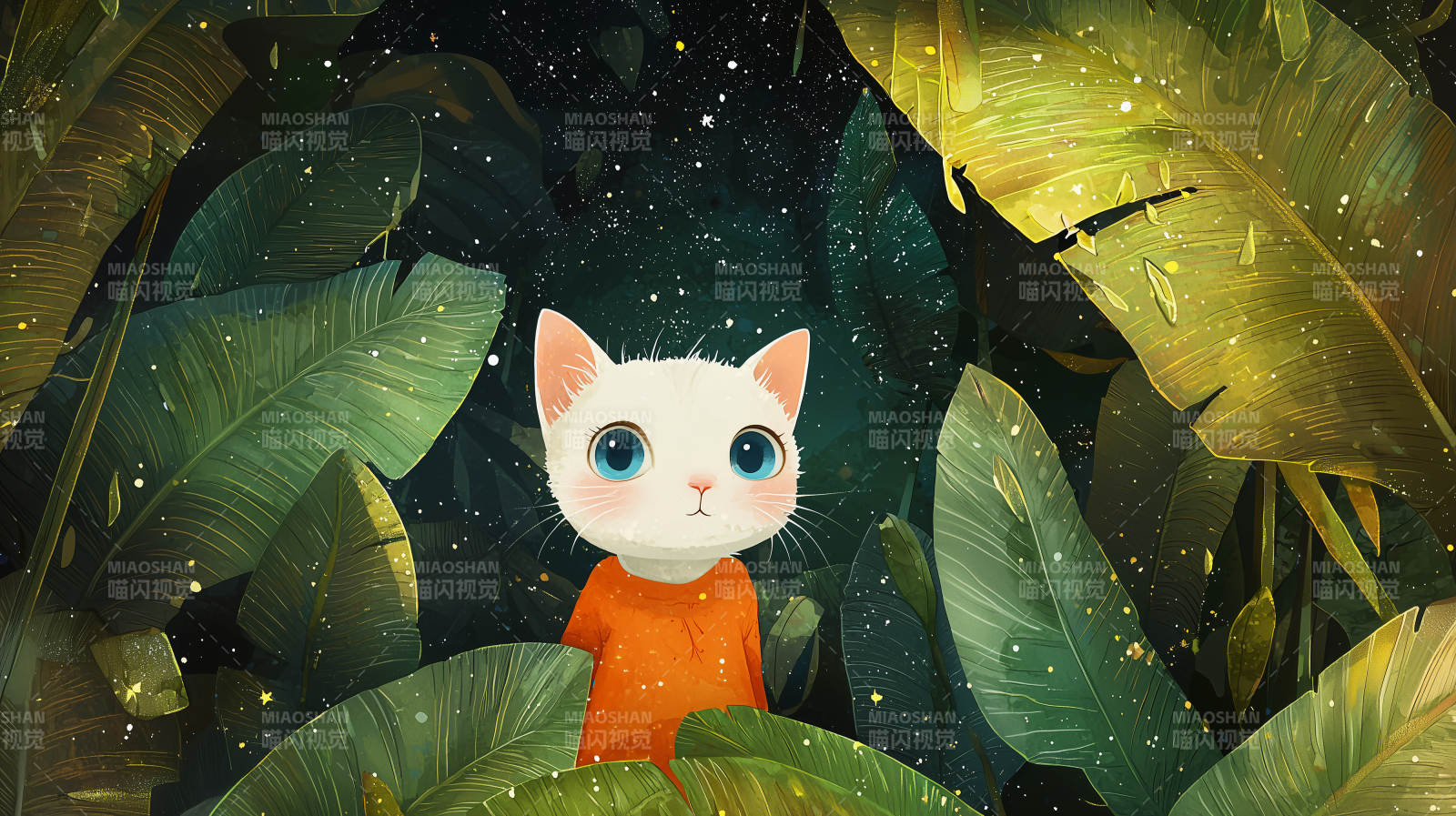 星夜丛林里的白猫图片