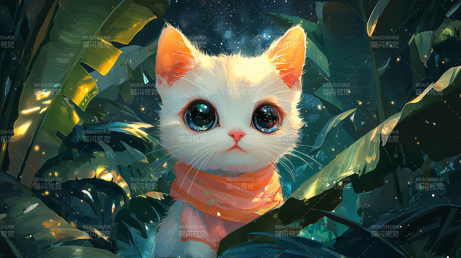 星夜丛林里的白猫图片