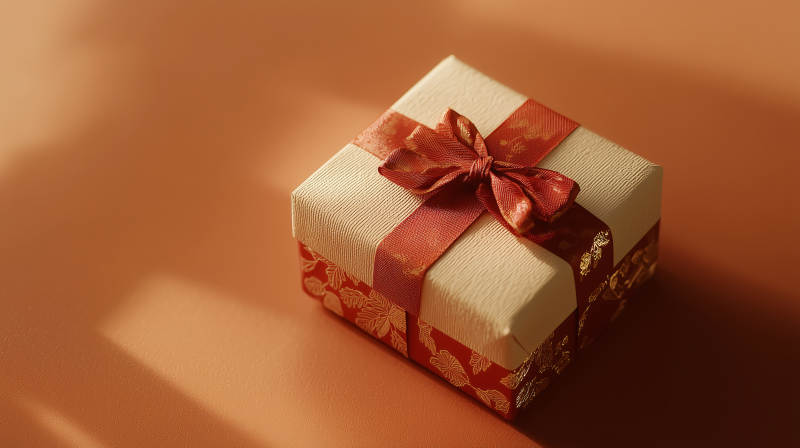 深红色礼盒上的金色丝带图片