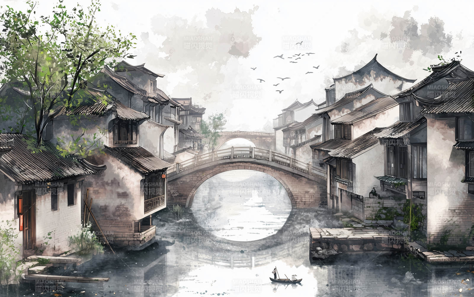 水墨画江南古镇水乡图片