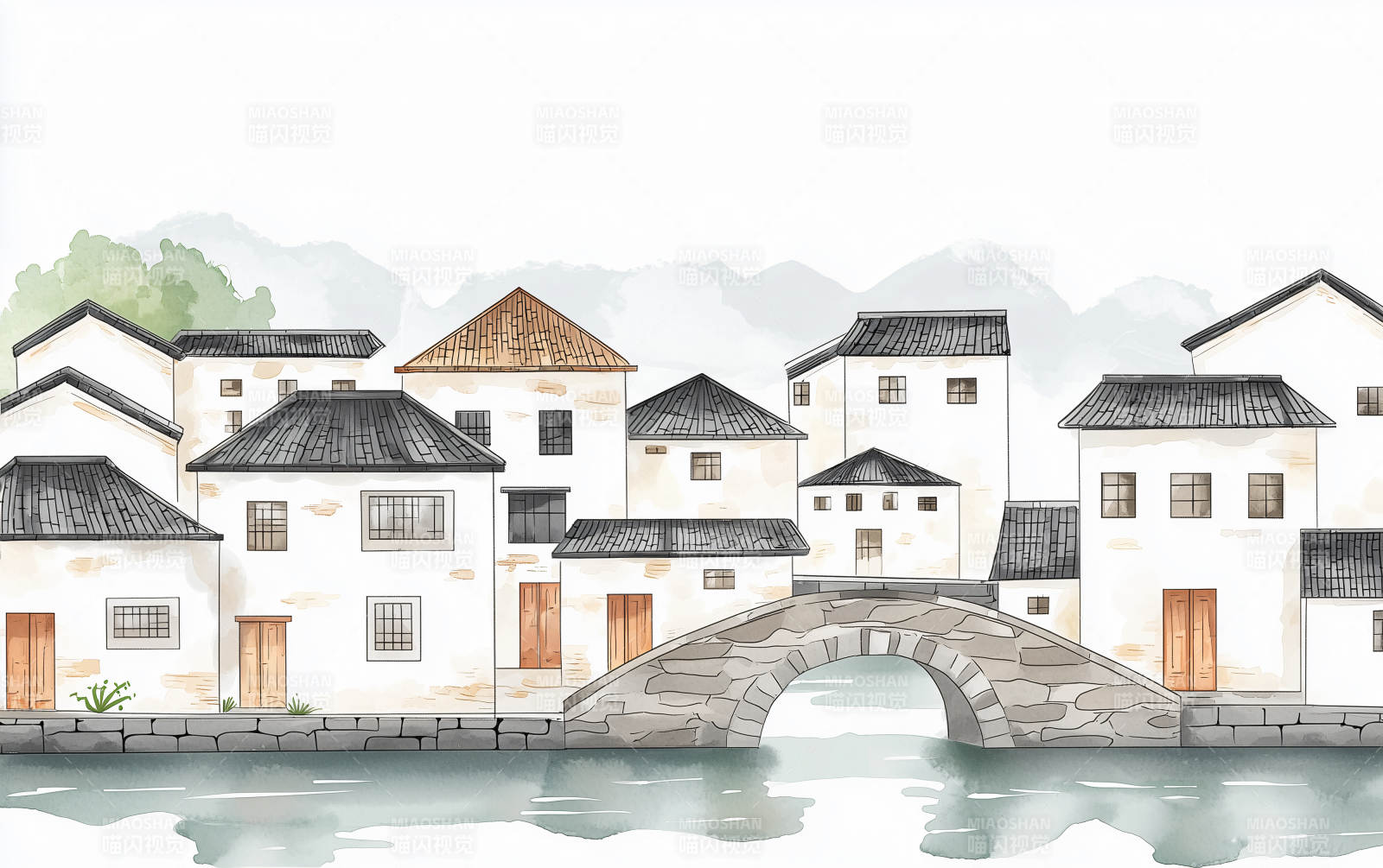 水墨画江南古镇水乡图片