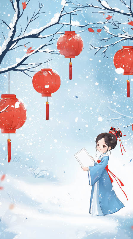 冬日雪景里的红灯笼与少女图片