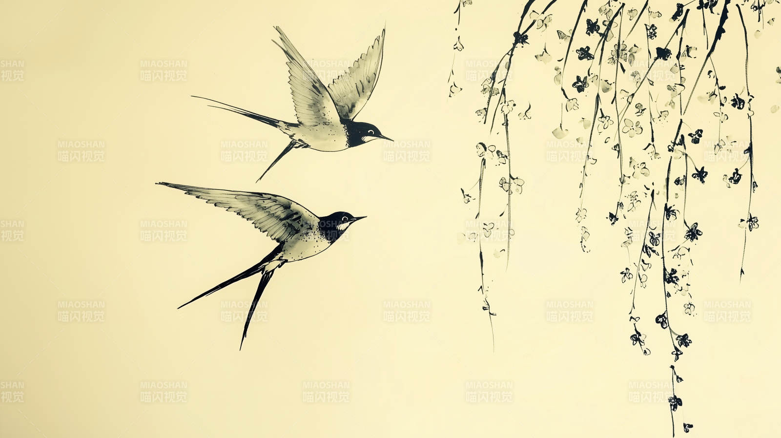 水墨燕子与垂柳图片
