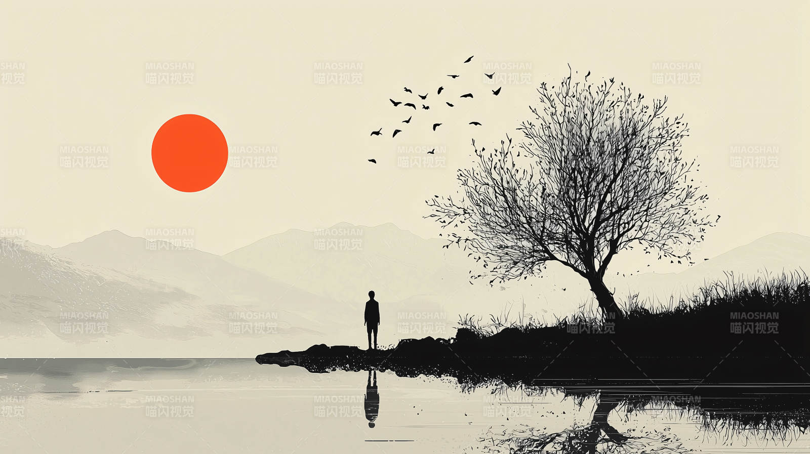 孤树夕阳剪影图片