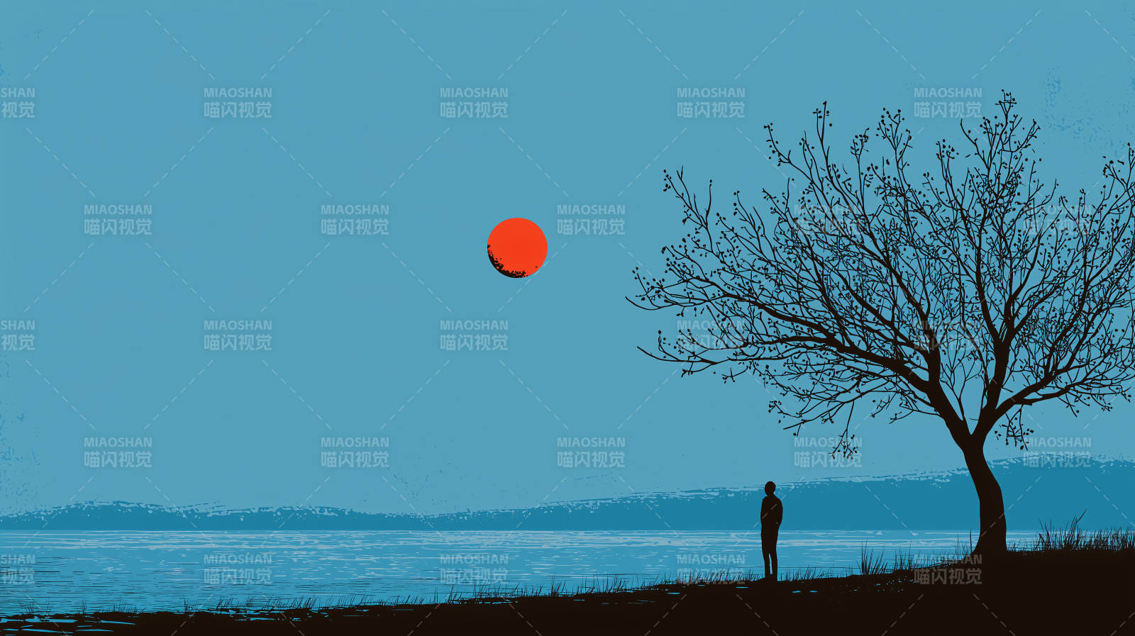 孤树夕阳剪影图片