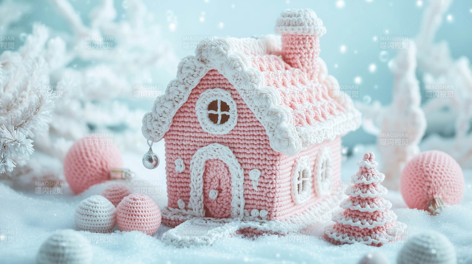 粉色毛线编织的圣诞小屋图片