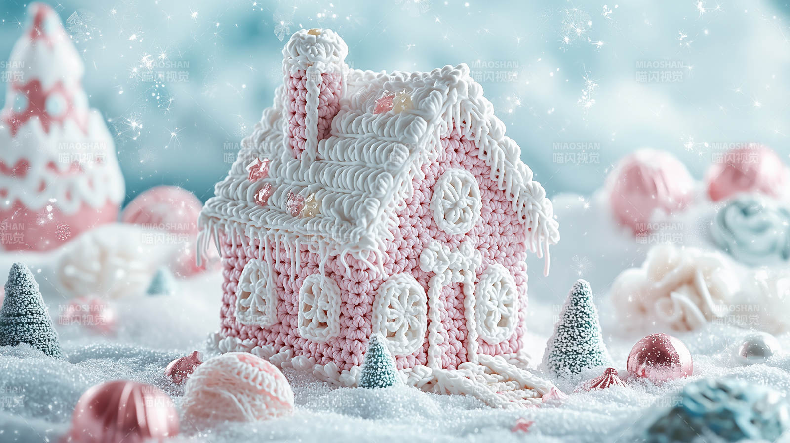 粉色毛线编织的圣诞小屋图片