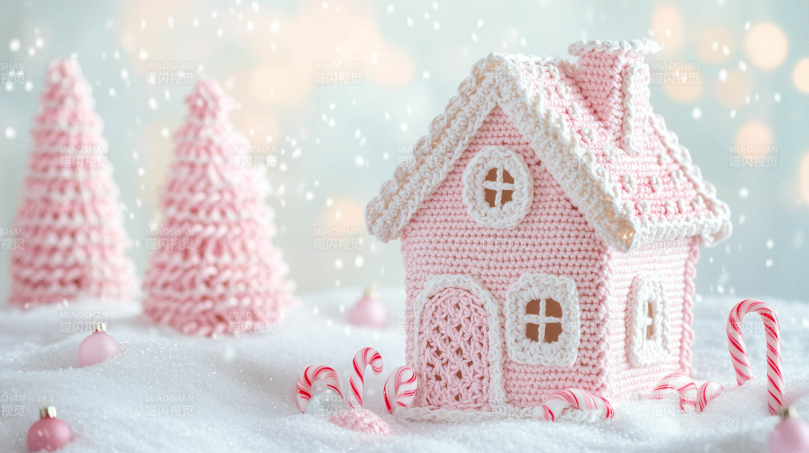 粉色毛线编织的圣诞小屋图片
