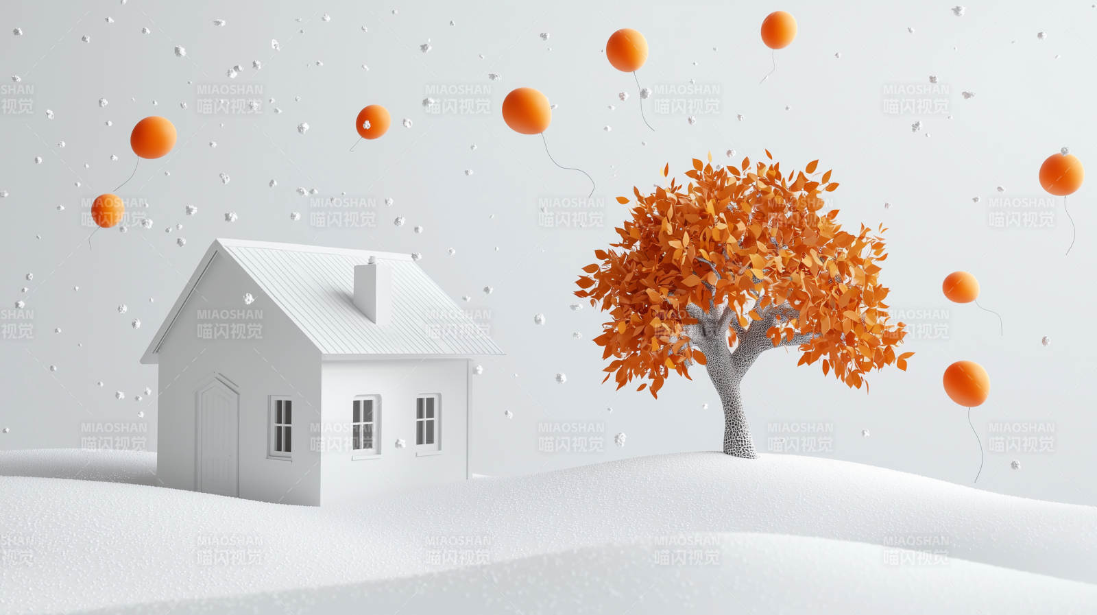 橙色气球与秋日小屋图片