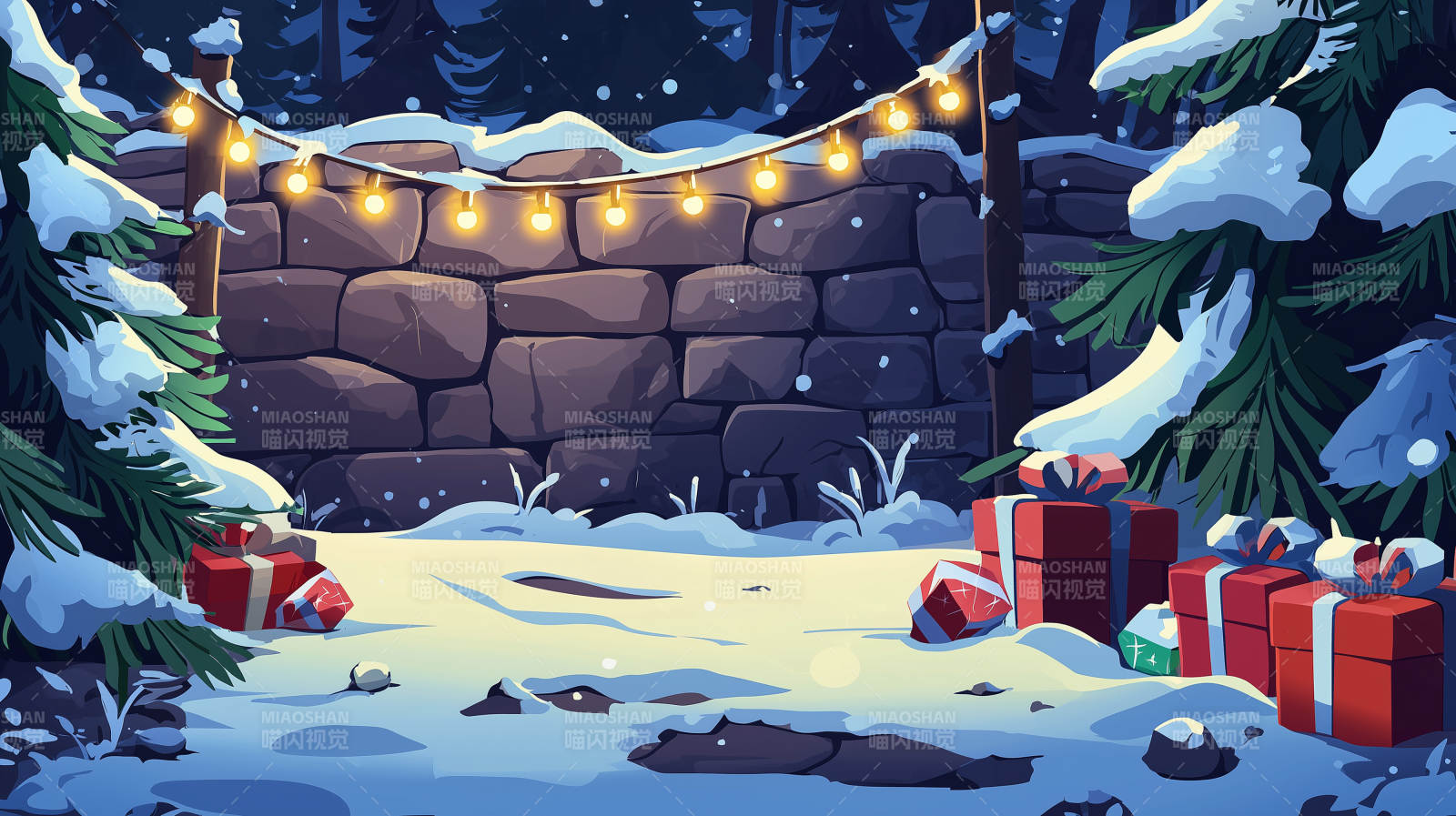 圣诞石墙前的礼物与袜子图片