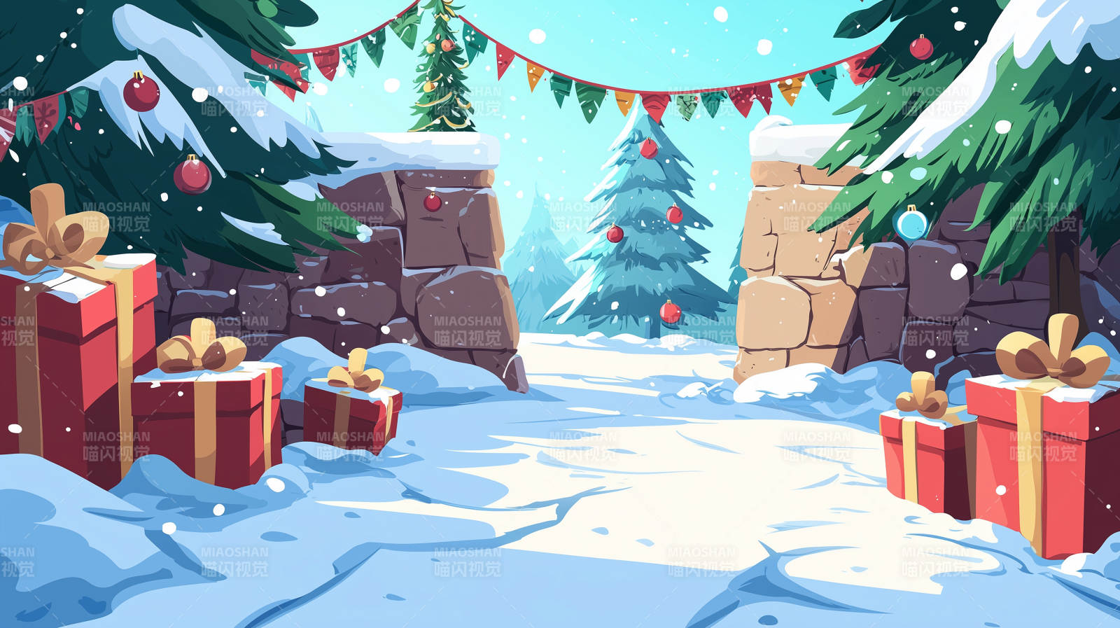 圣诞石墙前的礼物与袜子图片