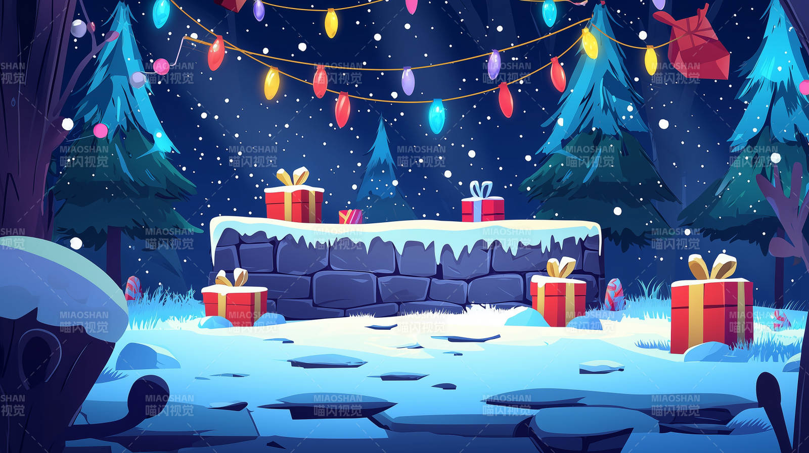 圣诞石墙前的礼物与袜子图片