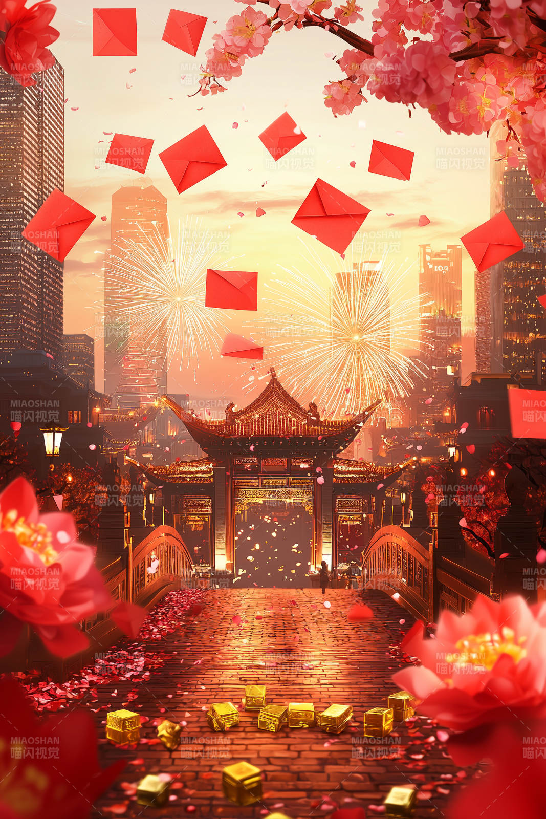 新年红包雨下的中国城门图片