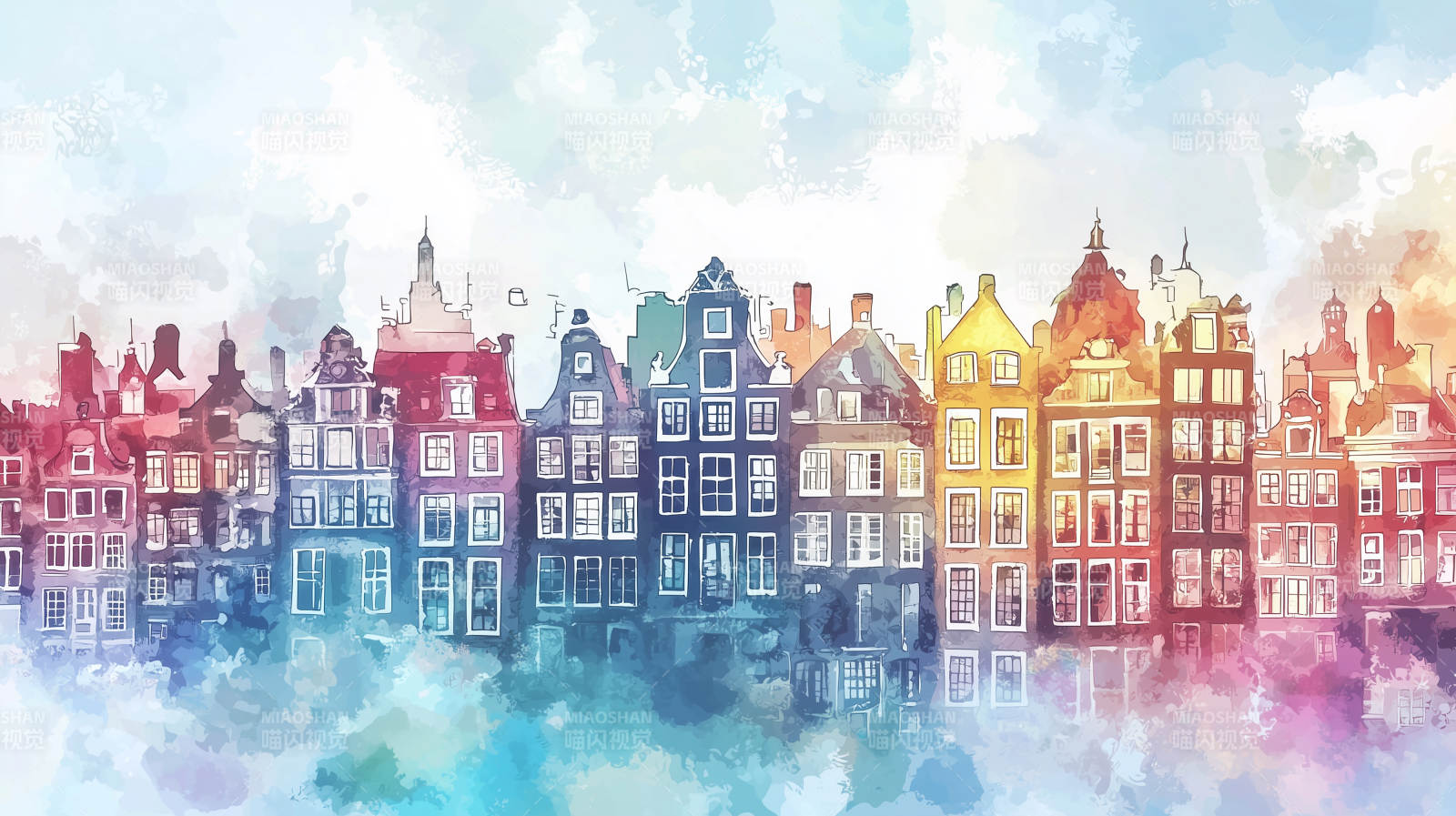 水彩风格的阿姆斯特丹运河房屋图片